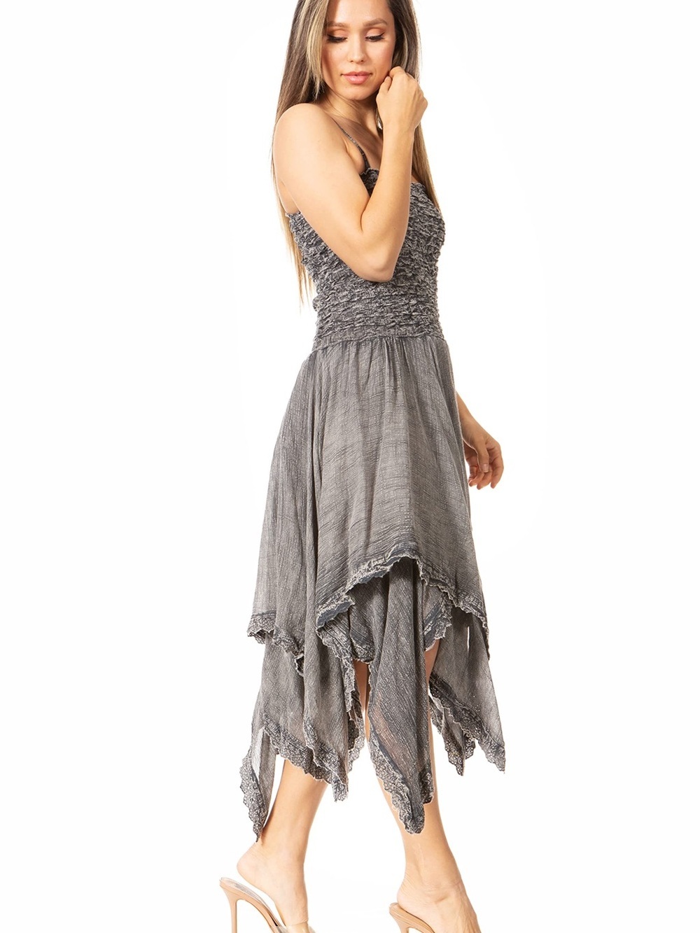 Sakkas Ella Smocked Bodice Handkerchief Hem Maxi Dress Grey One Size OS Boho